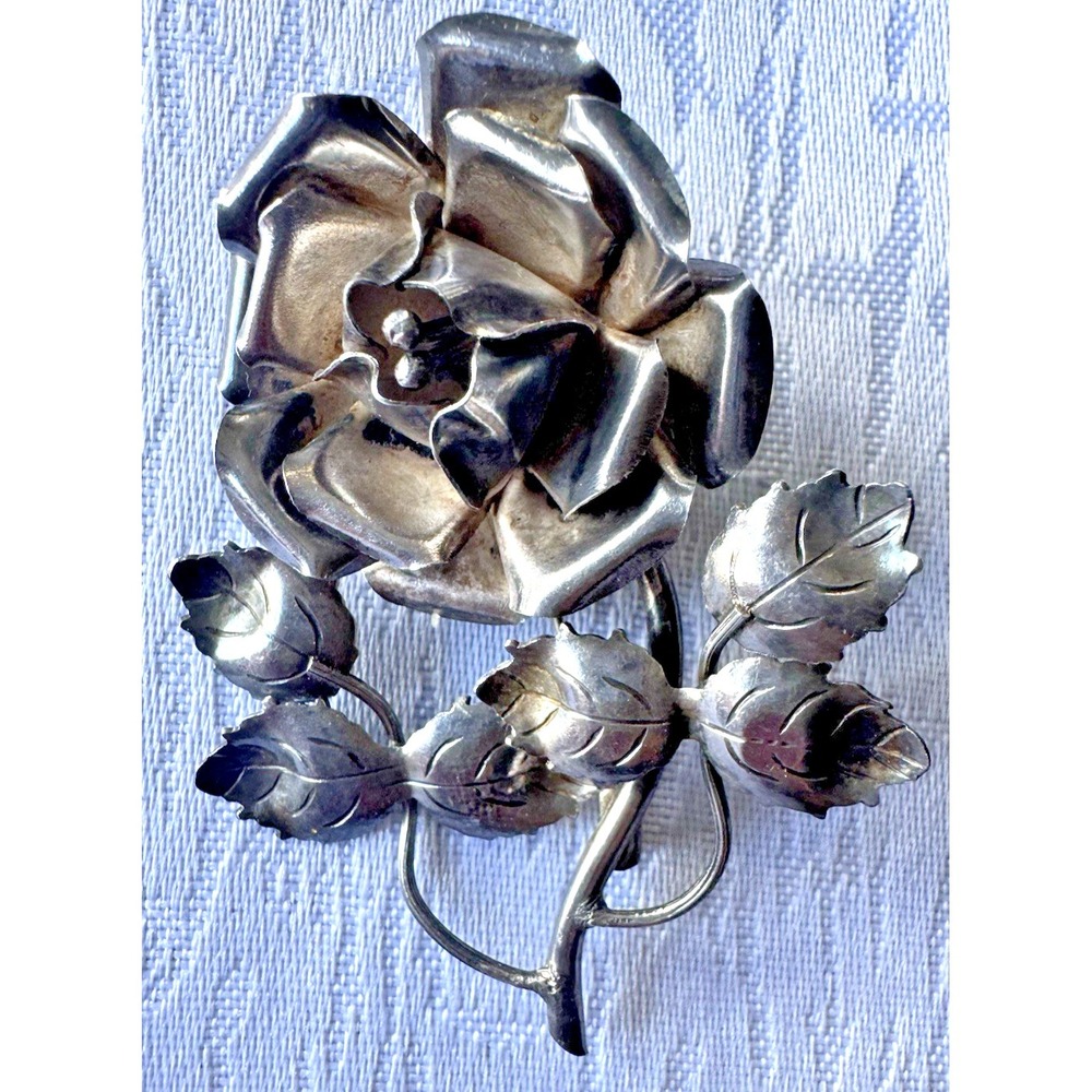 Vintage Silver Tone Rose Flower Brooch Sculptural Botanical Statement Pin